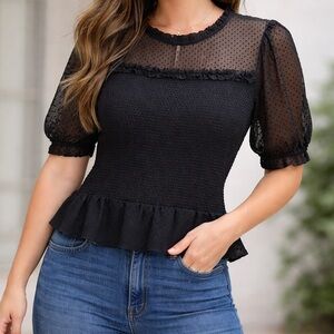 Express Black Swiss Dot Smocked Peplum Puff Sleeve Blouse NWT Size XL